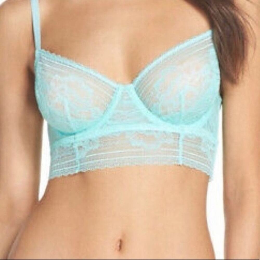 NEW FP FREE PEOPLE Blue Get Off My Cloud Longline Sheer Lace Bra Bralette 32B